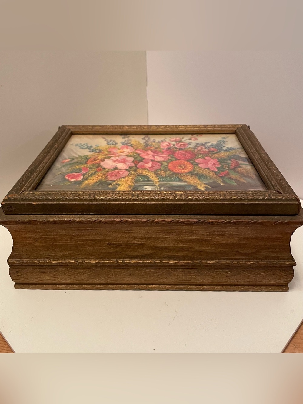 Vintage Wooden Jewelry Box Gustave Wiegand Lithograph Mirror - Picture 1 of 11